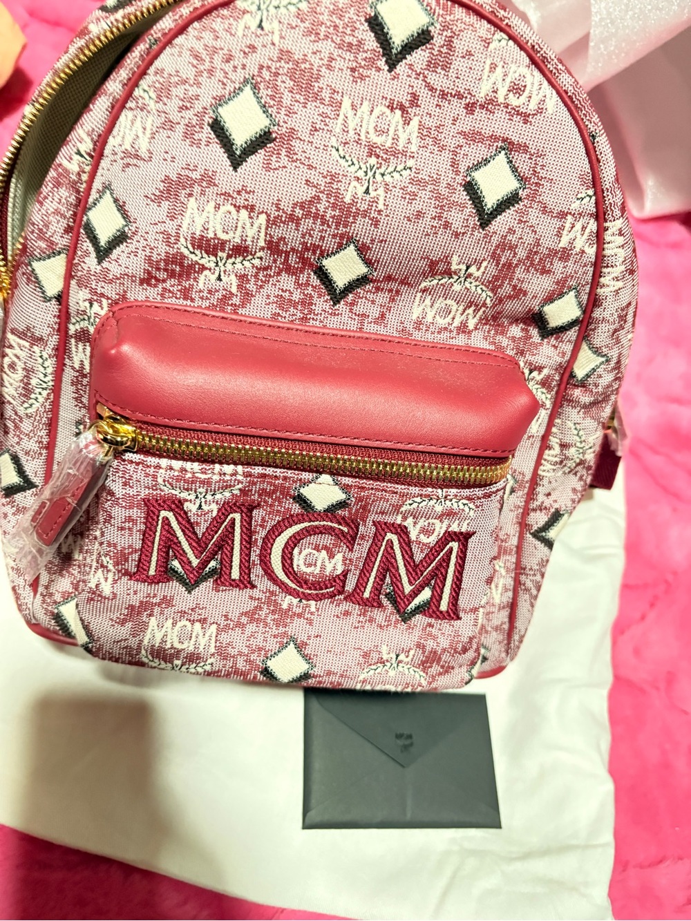 MCM Pink Logo Mini Backpack with Gold Hardware